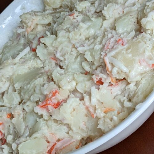 boiled red potatoes cubed and mixed with imitation crab flakes, diced shallots, light mayonnaise, and salt and pepper