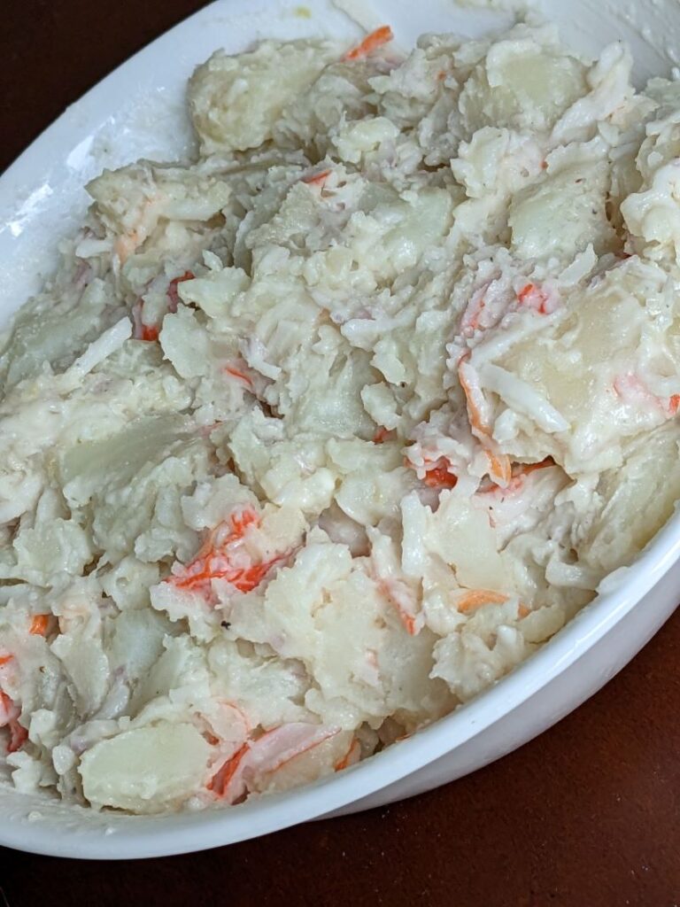 boiled red potatoes cubed and mixed with imitation crab flakes, diced shallots, light mayonnaise, and salt and pepper
