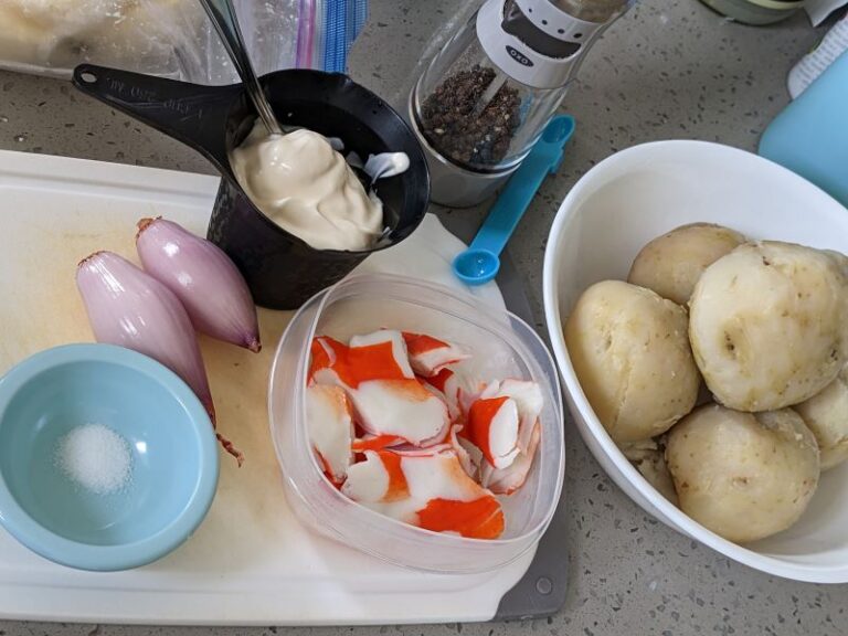 peeled red potatoes, imitation crab, shallots, salt, light mayonnaise
