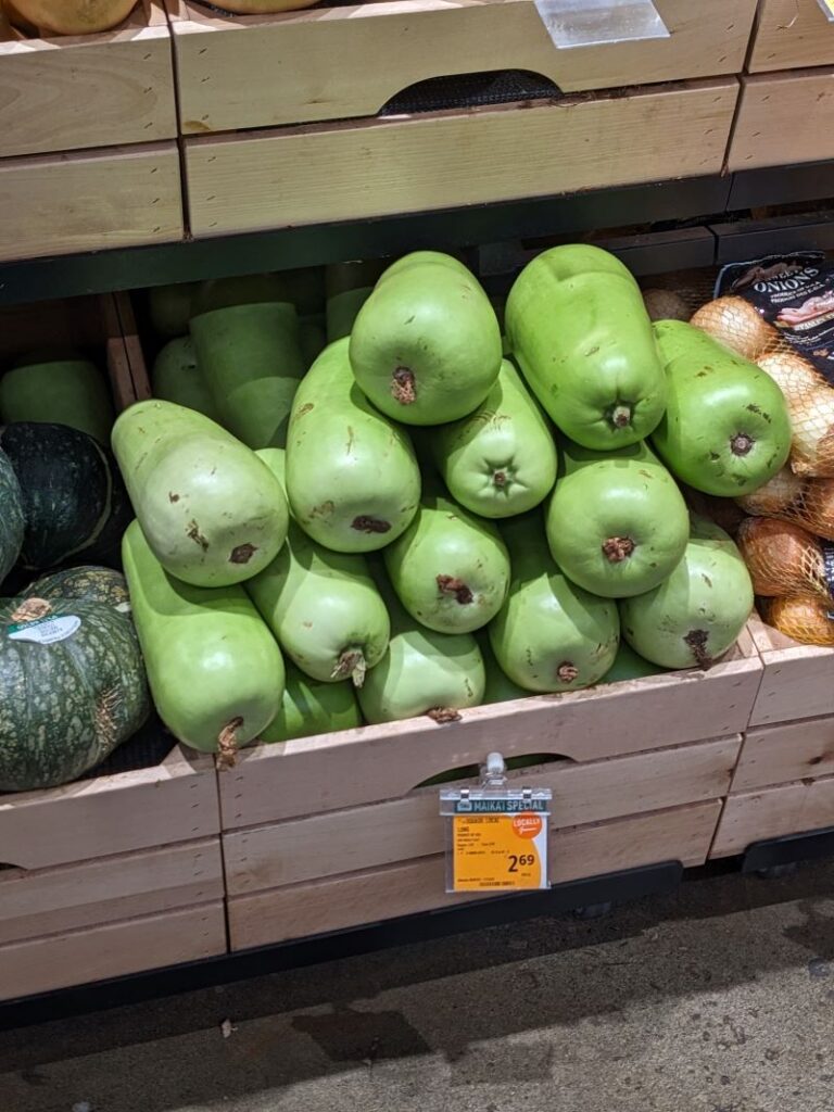 store display of opo squash or long squash in grocery store