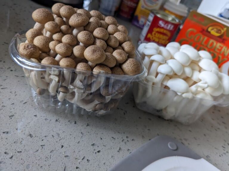 photo of brown beech mushrooms and white beech mushrooms