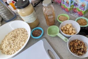 oats, honey, cinnamon, and a variety of nuts and seeds to make homemade granola