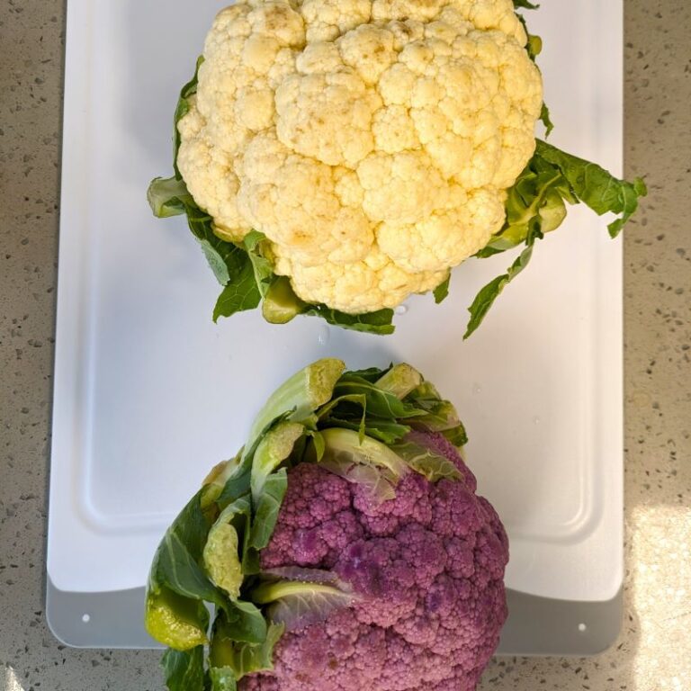 photo of a white cauliflower head and purple cauliflower head