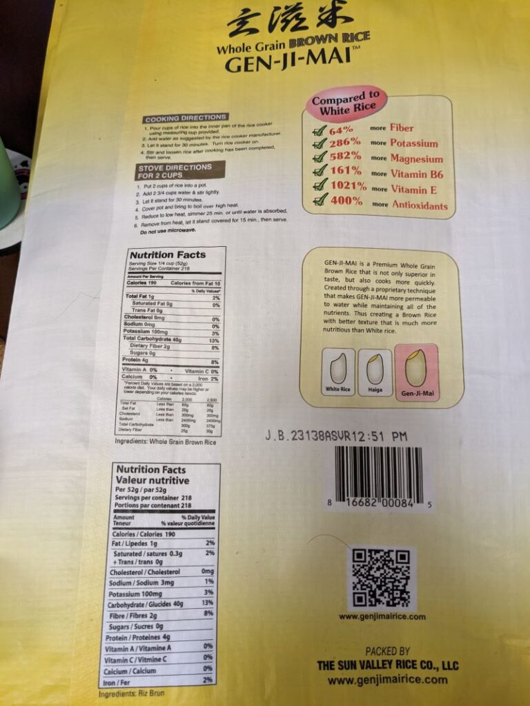 photo of back of Genji Mai Brown Rice with nutrition facts