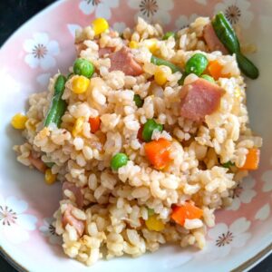 bowl of garlic fried rice made Hawaiian style with spam lite