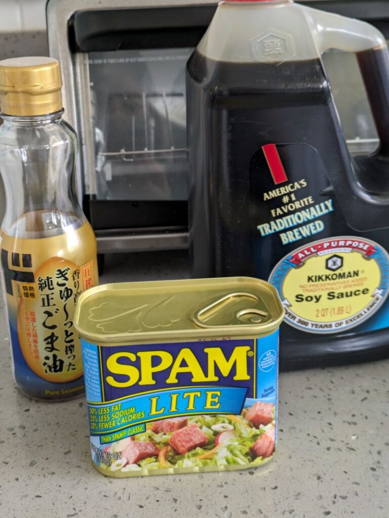 spam, soy sauce, and sesame oil for fried rice