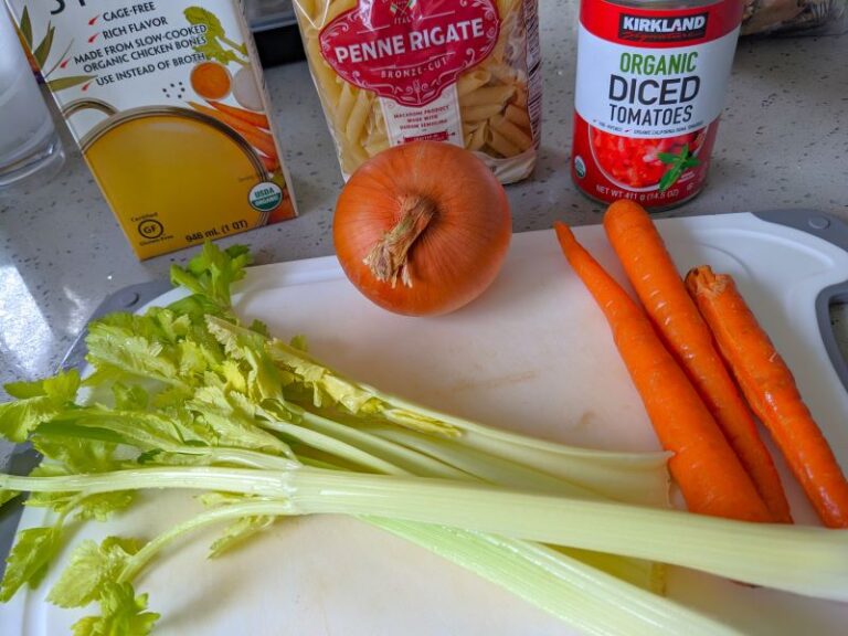 celery, onion, carrot, broth, dried pasta, and diced canned tomatoes for vegetable soup