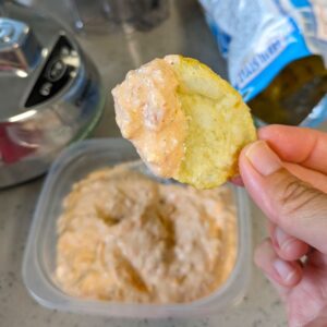quick and easy cottage cheese kimchi dip on a potato chip
