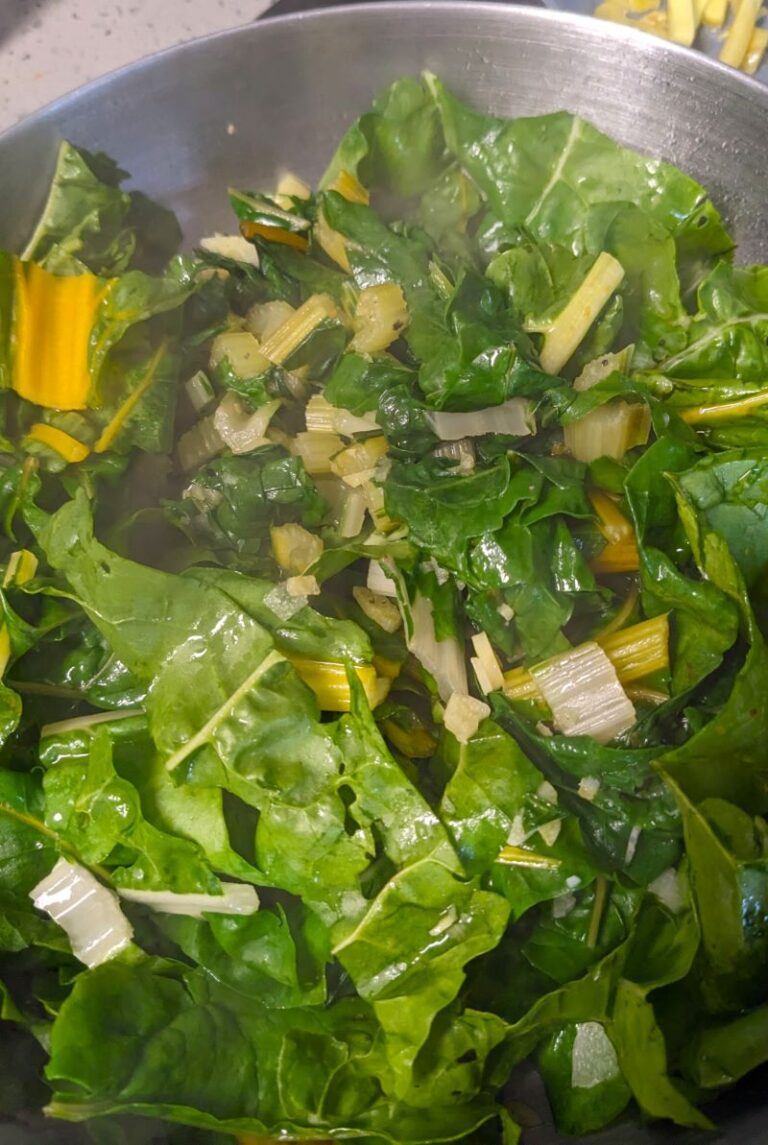 swiss chard leaves in a pan