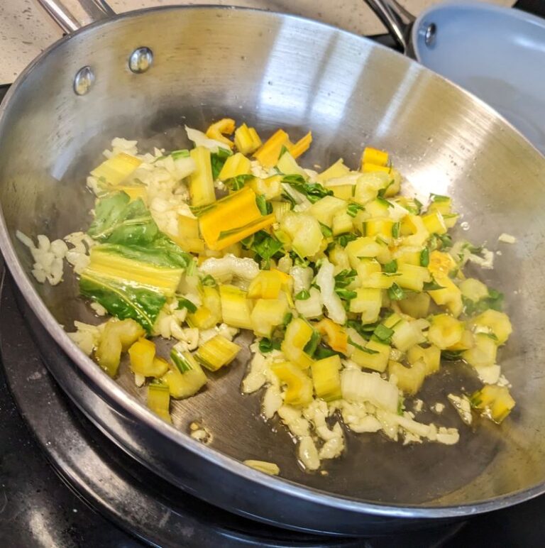 swiss chard stems in a saute pan