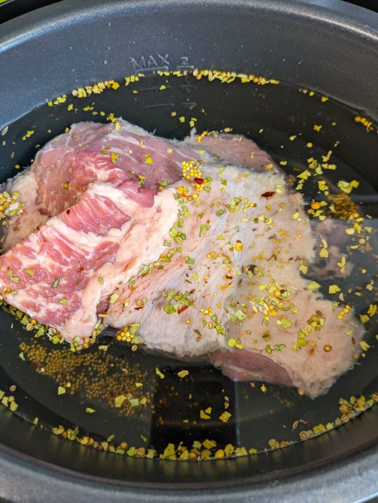 corned beef brisket point in slow cooker with water and seasonings