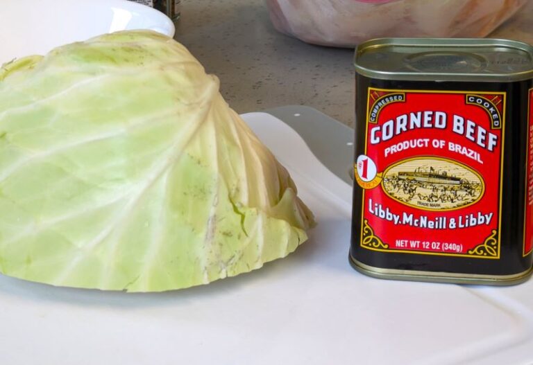 cabbage wedge and a can of corned beef