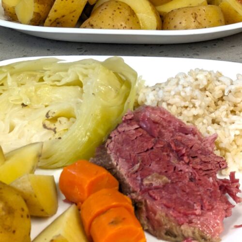 plate of slow cooker corned beef and cabbage