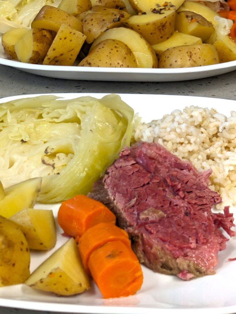 plate of slow cooker corned beef and cabbage