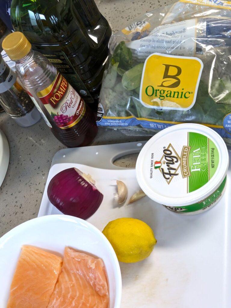 ingredients for whole wheat pasta salad with salmon