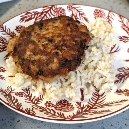 plate with canned corned beef hash patty with rice