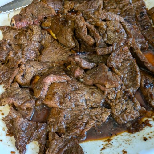 quick teri beef steak sliced on a plate