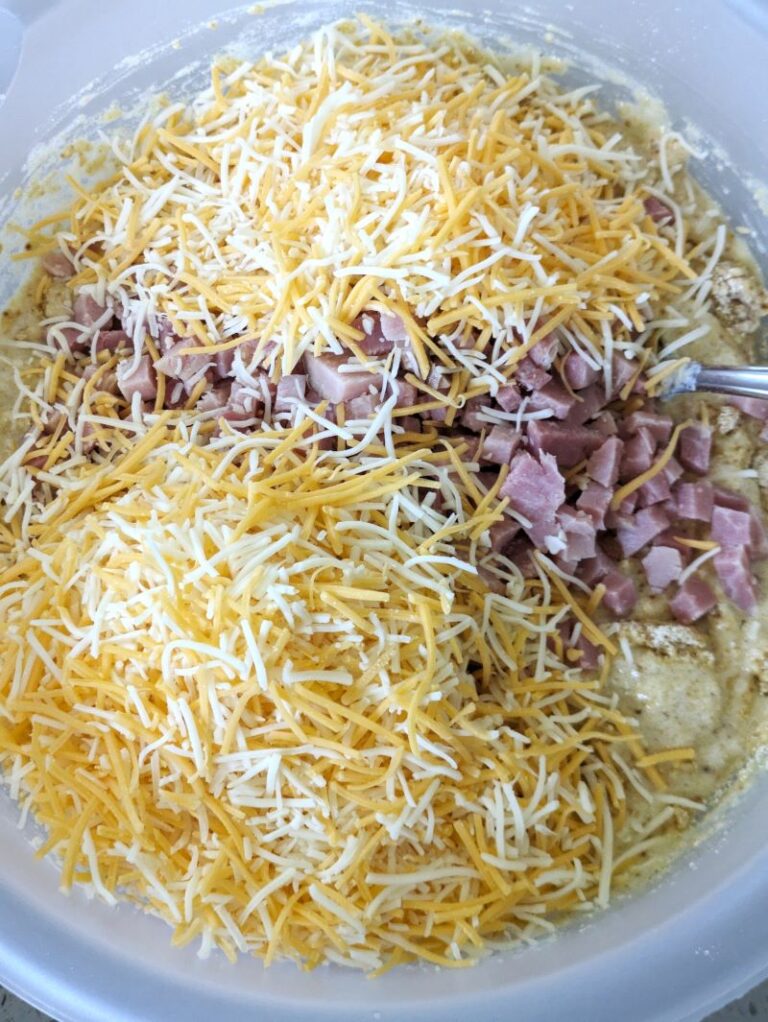 bowl of ham and cheese cornbread muffin batter