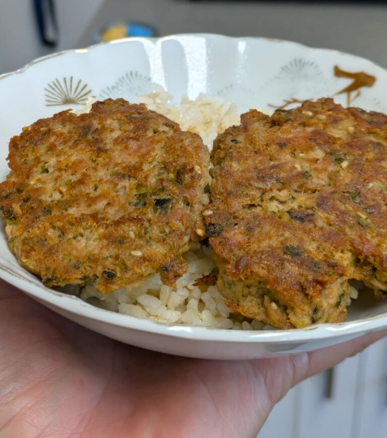 furikake tuna patties on a plate with rice