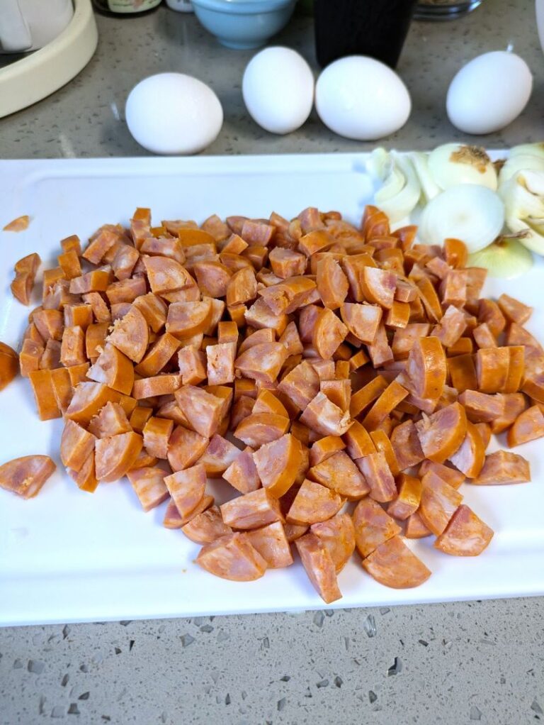 chopped portuguese sausage on a plate