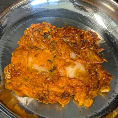 kimchi pancake for one in a pan