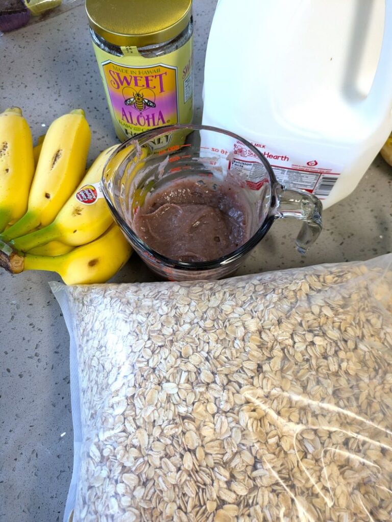 ingredients to make poi overnight oats: poi, apple bananas, honey, oats, and milk