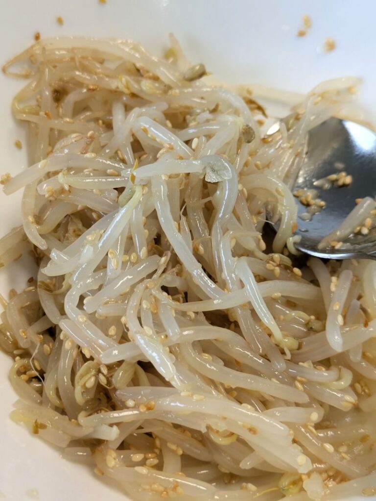 close up of bean sprout banchan in a bowl