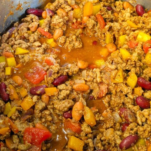 a big batch of mild turkey chili in a pot