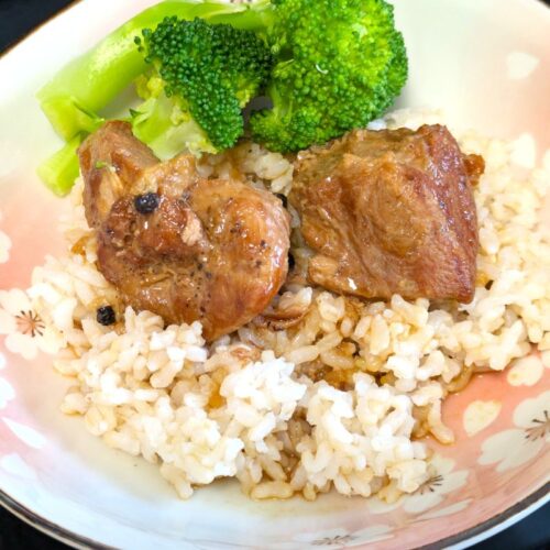 savory pork adobo on rice
