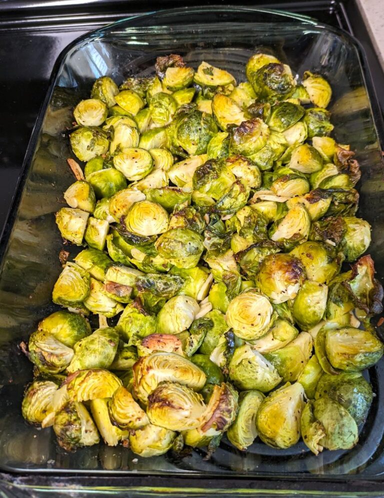 roasted brussels sprouts in a glass baking pan