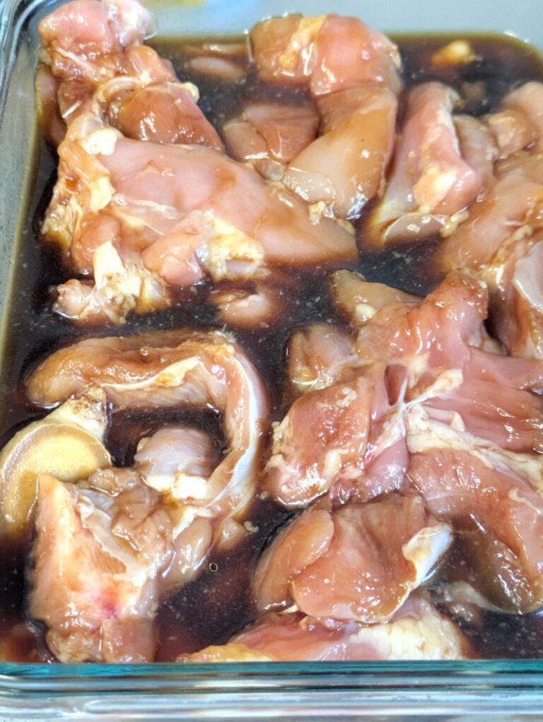 Chicken marinating in teriyaki sauce for teriyaki chicken