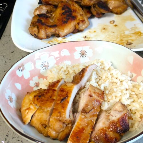 sliced teriyaki chicken on a plate